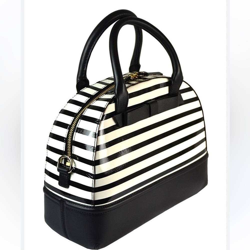 Kate Spade Chelsea Park Patent Striped Black Leather Bottom Dome Satchel
